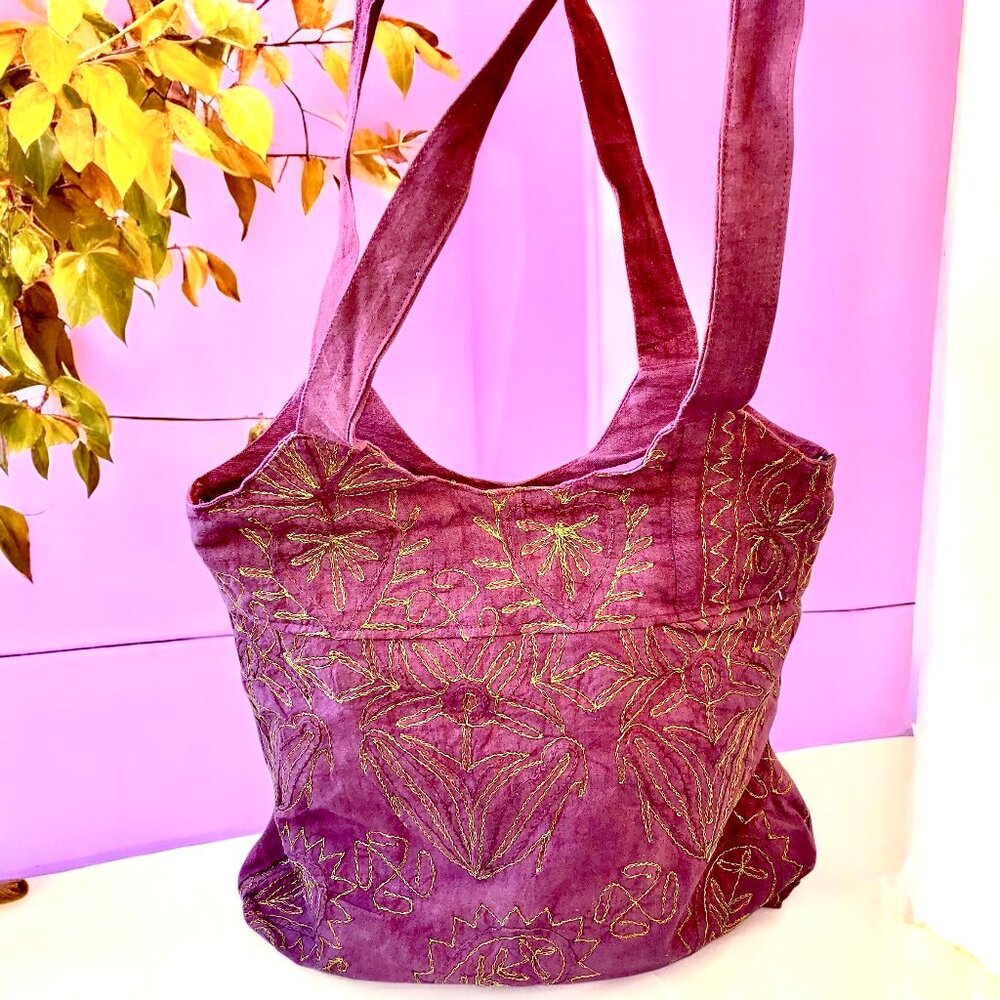 Shoulder Tote Bag Hippie Boho Handbag Fabric India Brick Red Zipper Stitching